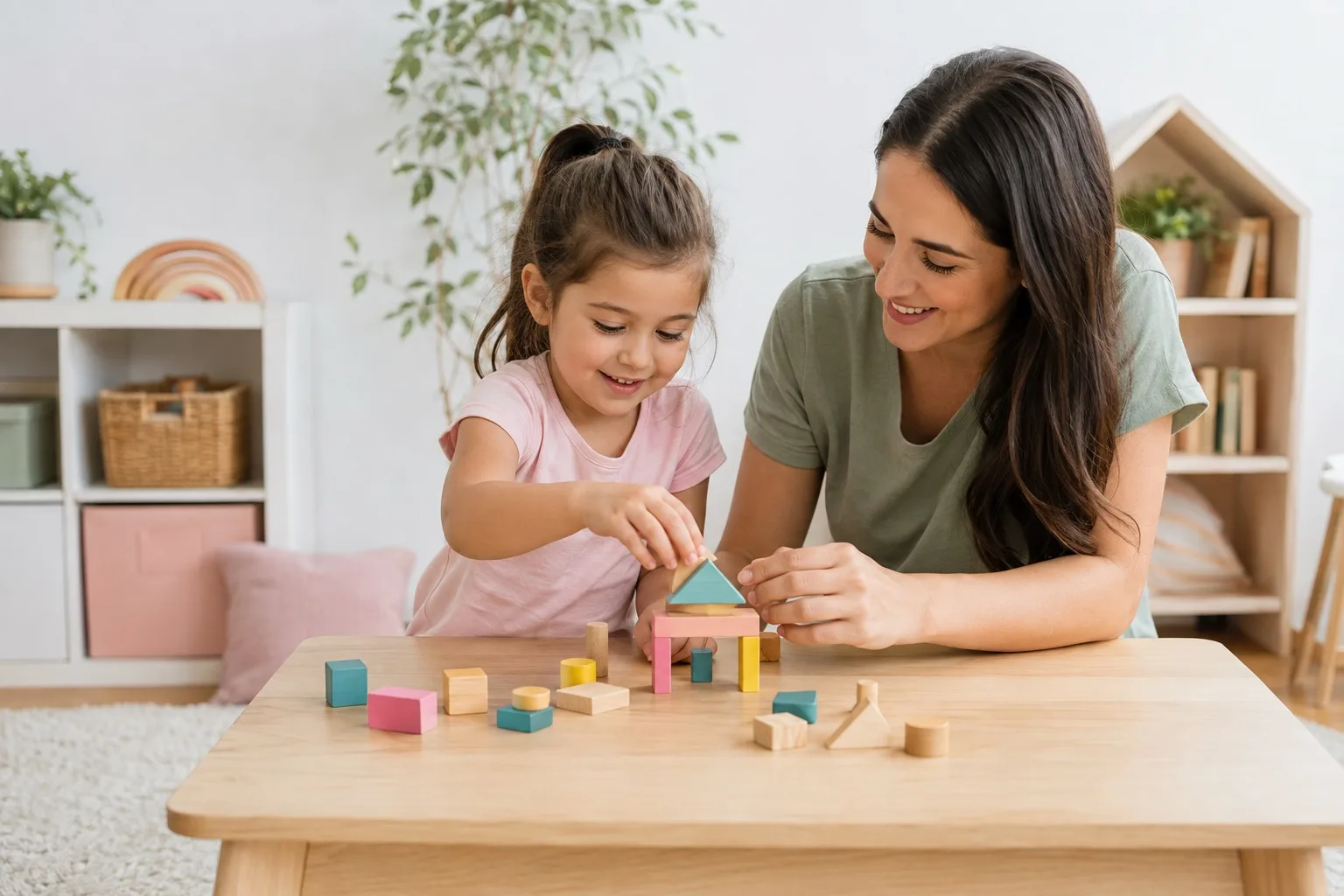 A child and caregiver sharing a playful learning activity